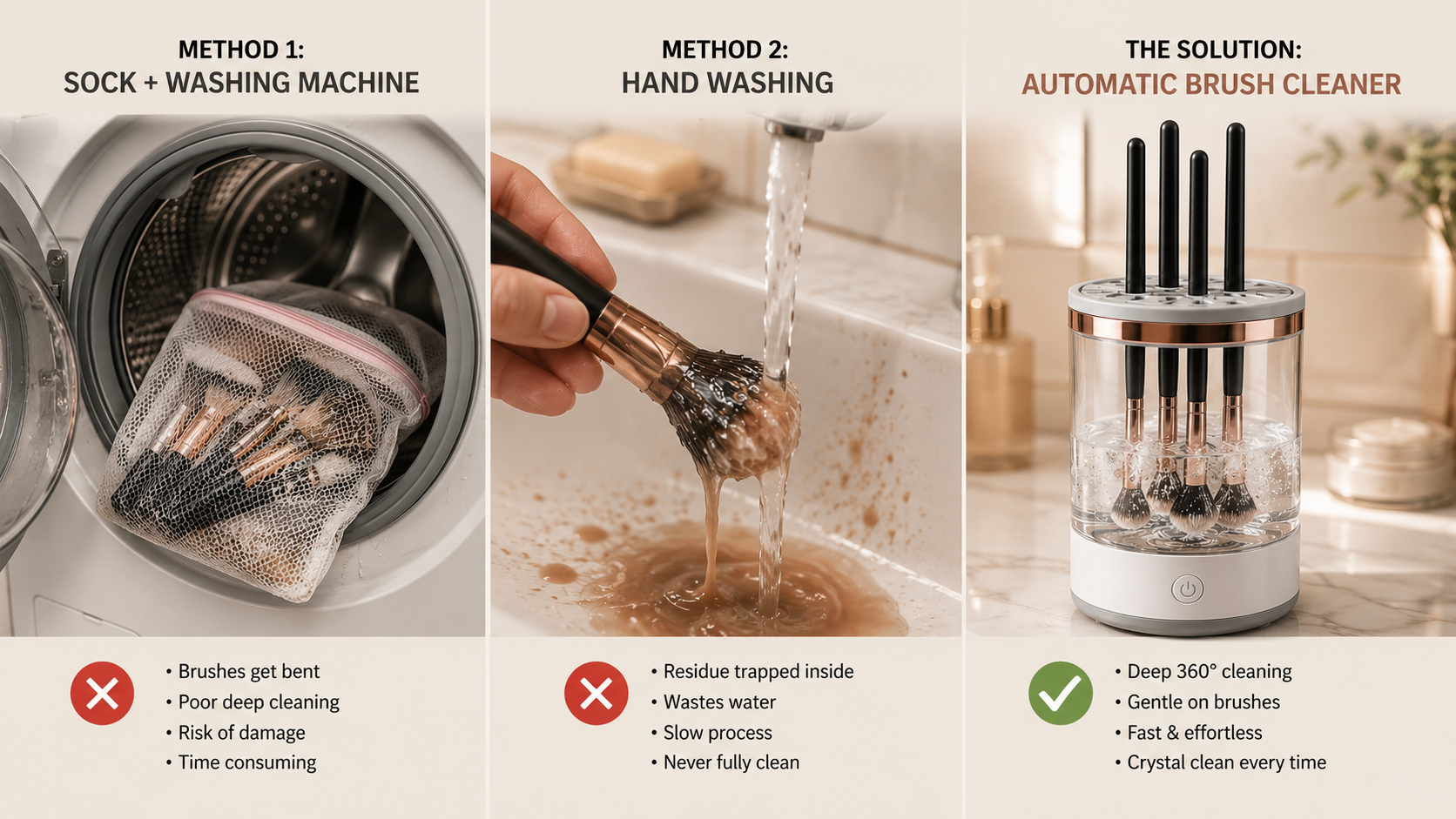 Comparatif de trois méthodes : chaussette + machine à laver et lavage à la main (déconseillés) face au nettoyeur automatique Kinetis Brush