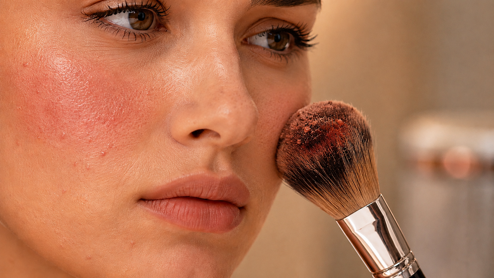 Gros plan d'un visage aux joues rouges et irritées, avec un pinceau sale appliqué sur la peau