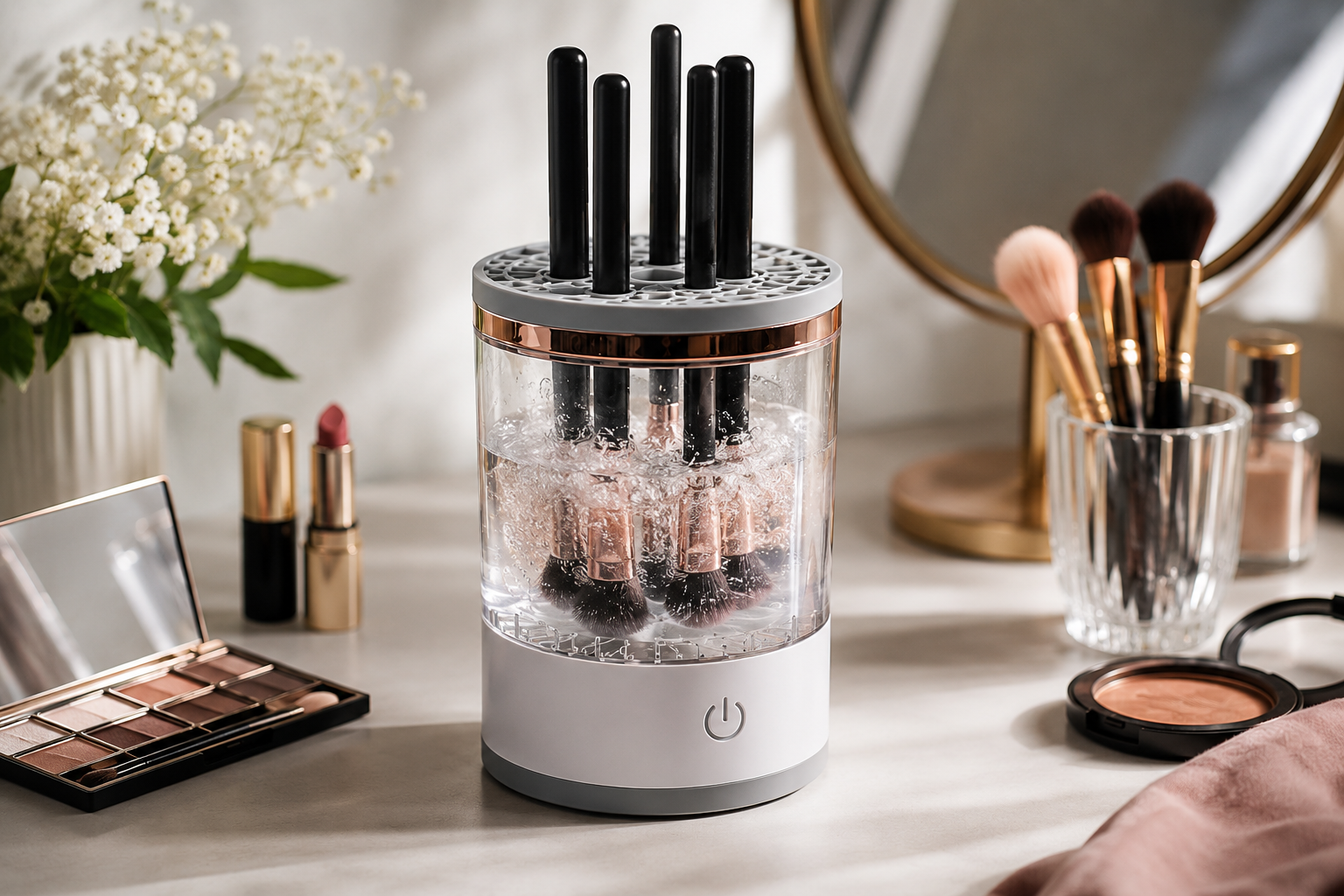 Kinetis Brush nettoyeur de pinceaux électrique sur une coiffeuse