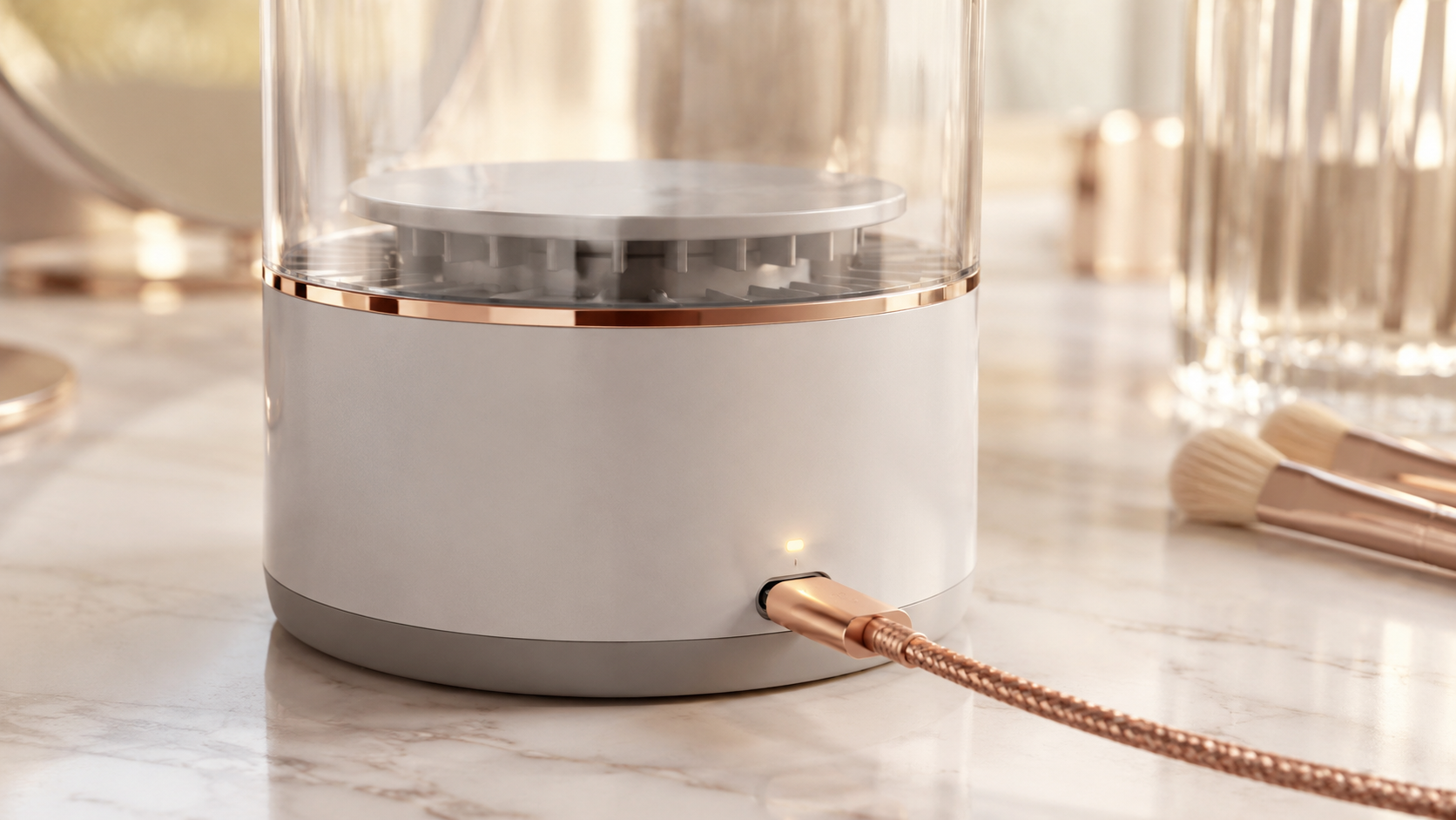 Base du Kinetis Brush posée sur un marbre, avec un câble USB-C tressé rose doré branché